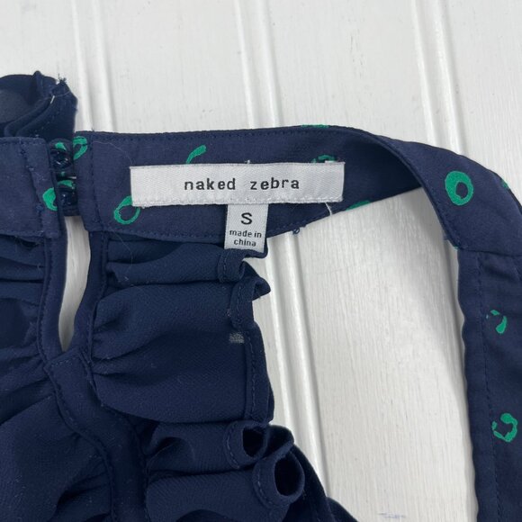 Naked Zebra Navy & Green Polka Dot Ruffle Halter Top Small blouse - Picture 3 of 5